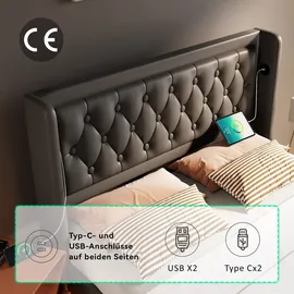stilvora Polsterbett 140x200cm mit Stauraum Jugendbett mit LED-Beleuchtung,gepolstertes Kopfteil mit USB Typ-C Ladefunktion,Schwarz(Ohne Matratze) - Schwarz