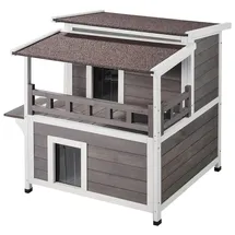 Vevor Katzenhaus für draußen, wetterfest, Unterschlupf für Wildkatzen für mehrere Katzen, großes 2-stöckiges Katzenhaus aus Holz für draußen mit Balkon, Türen, PVC-Türklappen und offenem Dach, 76,2 cm L x 76,2 cm B x 81,3 cm H