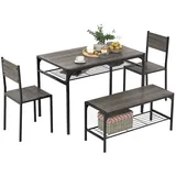 Costway Esstisch Set 4-teilig, Küchentisch mit 2 Stühlen & 1 Bank & Regal, Metallrahmen | grau