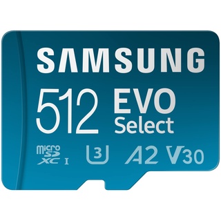 Samsung EVO Select (2024) microSD-Karte + SD-Adapter, 512 GB, Speicherkarte für Smartphone und Tablet, UHS-I U3, 4K UHD, Full HD, 160 MB/s Lesen, MB-ME512SA/EU