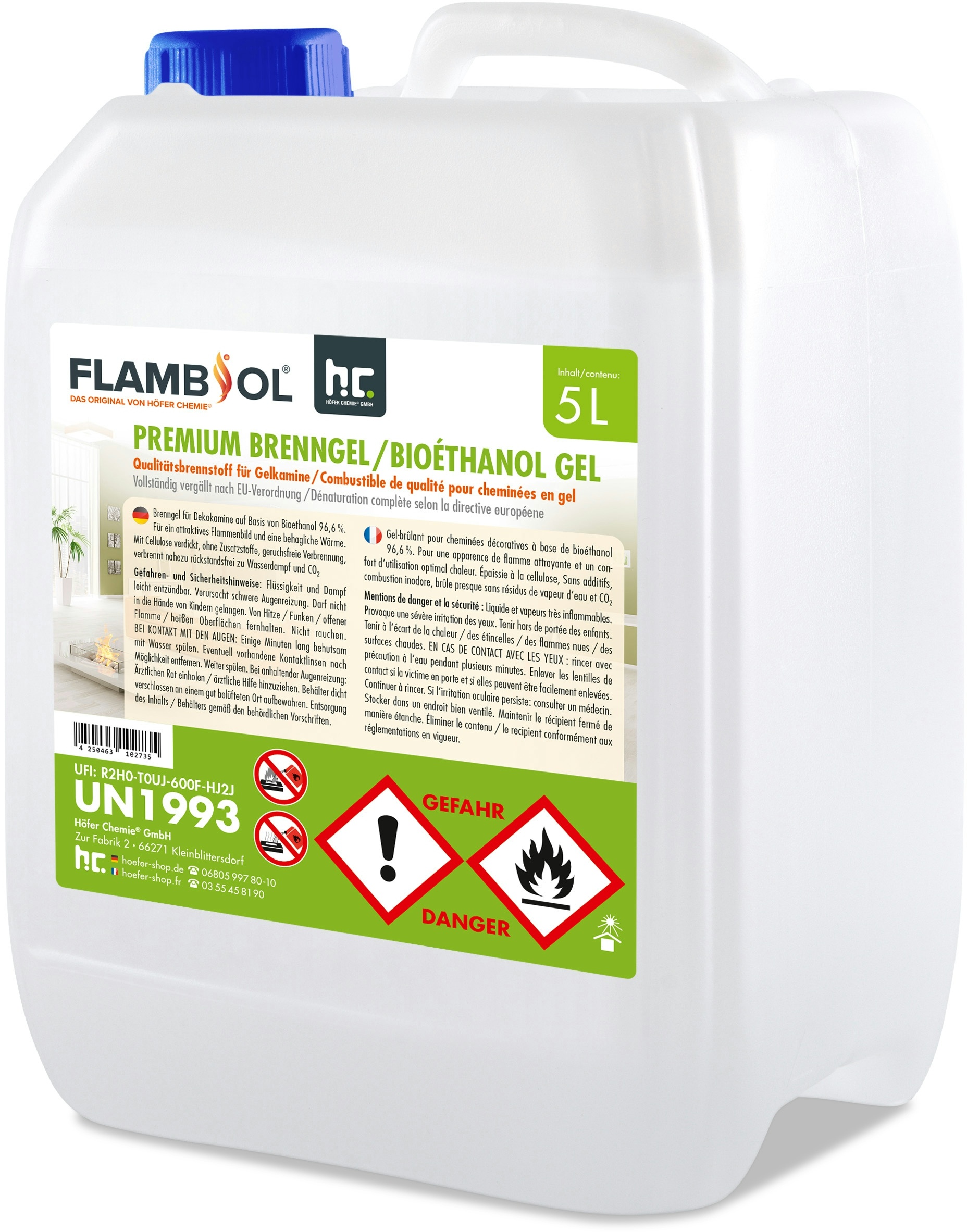 16 x 5 Liter FLAMBIOL® Premium Brenngel für Gelkamine in Kanistern
