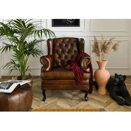 Massivmoebel24 Ohrensessel Chesterfield Leder 88 x 108 x 80 cm Braun