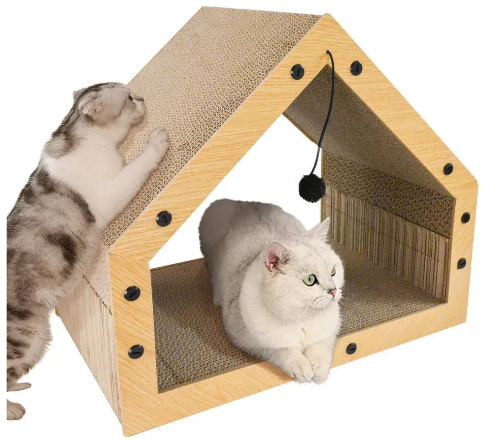 Heikoeco Kratzbrett kratzmöbel katze,40 cm Hausform Kratzpappe für Katzen, kratzbretter katze,kratzpappe für katzen groß xxl,40Lx30Bx40Lcm beige