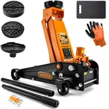 Verda Wagenheber hydraulisch 3T (130-490) 2X Gummi Rangierwagenheber, PKW, Profi, Tief, Doppelpumpsystem Doppelkolben, Heber, Ständer, Flache, Werkstatt, Wohnmobil, Geländewagen Montagehandschuhe