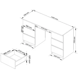 Akord Schreibtisch, Weiß, Holzwerkstoff, 6 Schubladen Rechteckig,Rechteckig, 135x77x50 cm, Arbeitszimmer, Schreibtische, Computertische