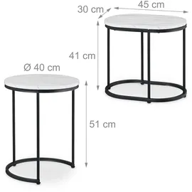 Relaxdays Satztisch, 2er Set, Beistelltisch rund & oval, Marmoroptik, Metallbeine, Wohnzimmer, Couchtisch, weiß/schwarz