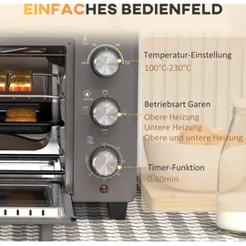 Homcom Minibackofen 21L 1400W 60 Min. Timer, Kleinbackofen mit 100 °C-230 °C einstellbar Temperatur Garzeit, Mini Ofen mit Backblech, Drahtgestell,