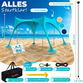 eloneo Strandzelt, Sonnensegel Strand 300x300x200 cm, LSF 50+, Sonnenschutz für Strand mit Sandschaufel, Heringen und 4 Stabilitätsstangen, 8 Personen, Türkis