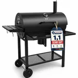 [Test SEHR GUT, Note 1,1] THE BLACK BEAST Holzkohlegrill Grillwagen - Kohlegrill BBQ Smoker mit Deckel, Thermometer, Schornstein, 3-tlg. Grillrost, Warmhalterost, Aschebehälter und Rädern