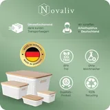 Novaliv Aufbewahrungsbox mit Holzdeckel Mini 1L Korb Weiß in Rattan Design Lebensmittelecht Aufbewahrungskorb Stapelbox Nestbar Kunststoff BPA-frei