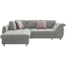 luma-home Ecksofa mit Schlaffunktion und Bettkasten Ottomane links, Mikrofaser in Grau, 2 Zierkissen Rosé / 17002