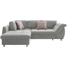luma-home Ecksofa mit Schlaffunktion und Bettkasten Ottomane links, Mikrofaser in Grau, 2 Zierkissen Rosé / 17002