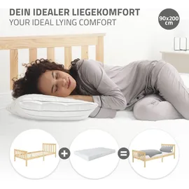 ML-Design Holzbett 90x200 cm Natur, Kiefernholz, Bettgestell mit Lattenrost und Füße, Einzelbett mit Kopf- und Fußteil, Bett für Kinder und Erwachsene, Massivholzbett Kinderbett Jugendbett