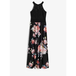 bonprix Sommer-Maxikleid mit Blumen-Print und Spitze, schwarz, 46