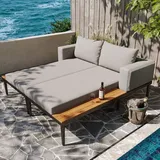 Flieks Gartensofas Gartenliege Doppelliege mit Kissen, Liegestuhl Loungesessel Gartenmöbelset 2-4 Personen, Gartenloungeset Schlafsofa 2 Teilig, Grau - Grau