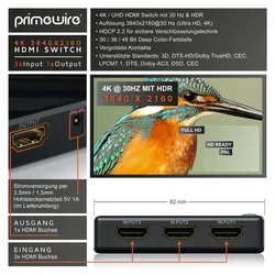 Primewire 3-Port UHD HDMI Umschalter inkl. Fernbedienung 3x HDMI Eingänge / 3D / CEC / ARC
