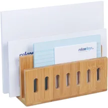 Relaxdays Dokumentenhalter Bambus, 3 Fächer, praktischer Briefständer, fürs Büro, Briefhalter, HBT: 13x18x8 cm, Natur