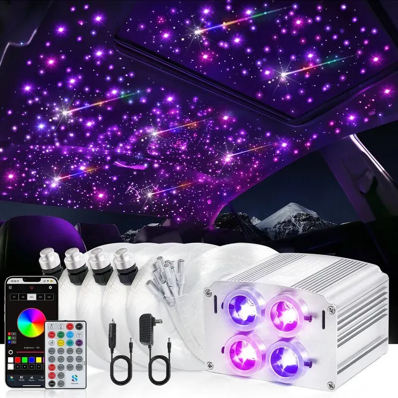 4 Farben 32W Funkelndes Auto-Sternenhimmel-Set 600 Stück*0,03 Zoll*13,1 Fuß mit APP & RF-Fernbedienung, RGBW Glasfaser-Stränge Sternenhimmel-Lichter, 4-Port-Motor Geräuschaktivierte Decken-Sternlichter für Zuhause/Auto-Dekoration