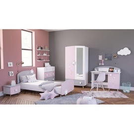 Kindermöbel24 Kinderzimmer Sternschnuppe 5-tlg rosa weiß grau Kleiderschrank Kinderbett 2 Kommoden Schreibtisch