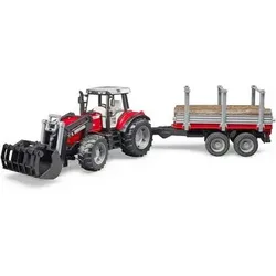 BRUDER 02046 Massey Ferguson 7480 mit Frontlader und Holztransportanhänger und 3 Baumstämmen