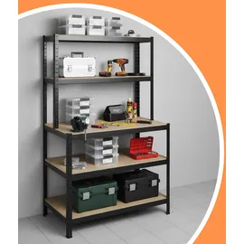 Relaxdays Schwerlastregal mit Werkbank, 500 kg, 5 Ebenen, HxBxT: 180 x 100 x 60 cm, MDF & Stahl, Werkstattregal, schwarz