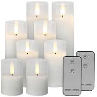 Lunartec 8er-Set LED-Echtwachskerzen im Glas, mit Docht und Fernbedienung, weiß