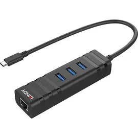 Lindy 43249 USB-Hub 3 Port USB-A, RJ45 USB 3.1 Gen1 5 GBit/s mit eingebautem Netzwerk-Anschluss Schwarz