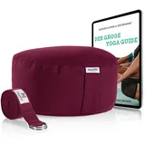 NAJATO Sports Meditationskissen – Mit Yogagurt & E-Book (PDF Datei) – Yogakissen mit Buchweizenschalen-Füllung – Rundes Yoga Kissen mit waschbarem Bezug aus Baumwolle