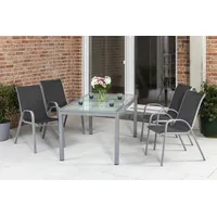 MERXX Garten-Essgruppe Sorrento, (Set 5-teilig, Tisch, 4 Stapelsessel, Aluminium mit Textilbespannung, Sicherheitsglas), mit platzsparenden Stapelsesseln grau