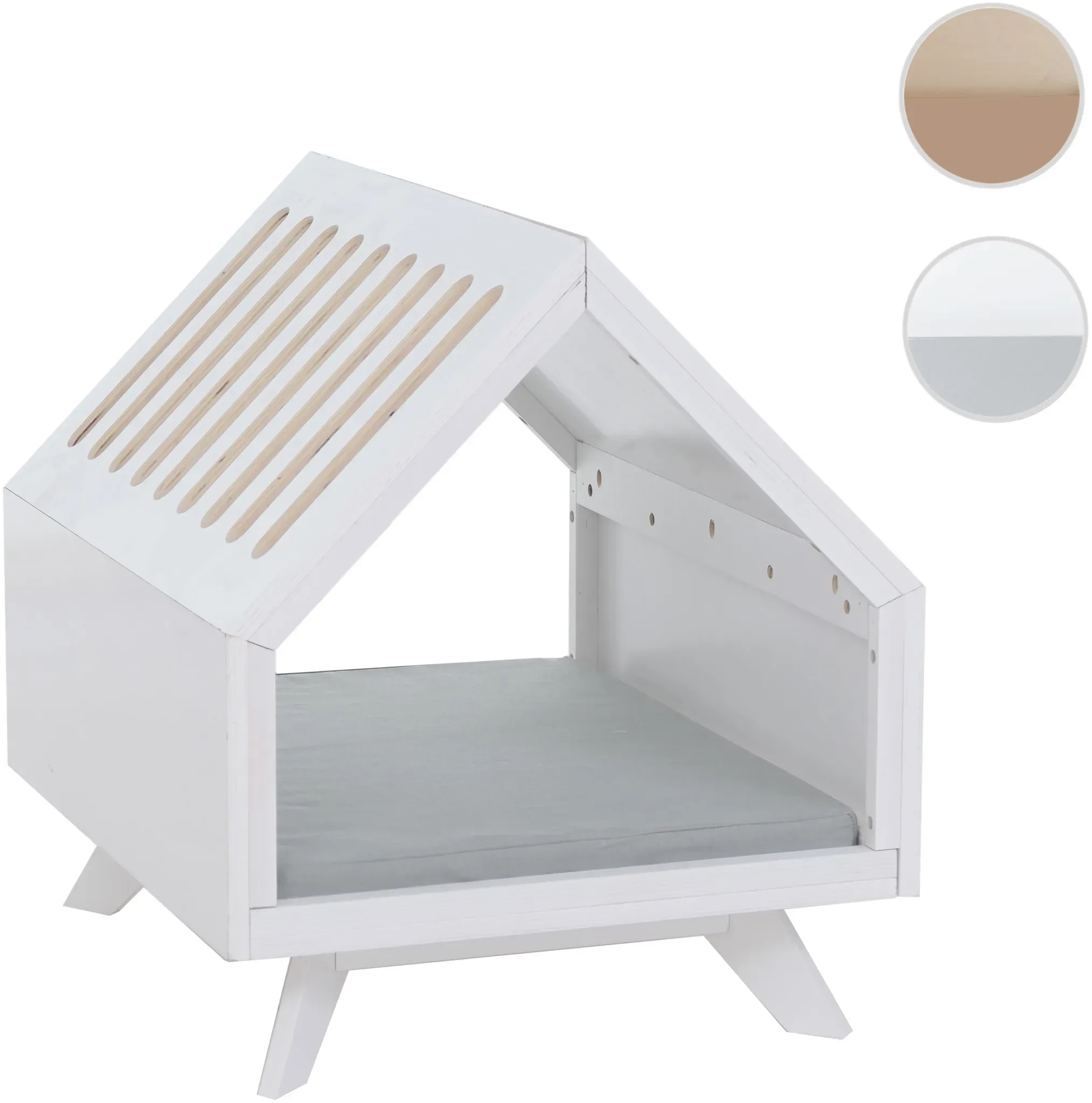 Schlafhütte HWC-Q65, für Haustiere Katzen-/Hundebett Tierhaus Holz MVG 58x50x60cm ~ weiß, Kissen grau