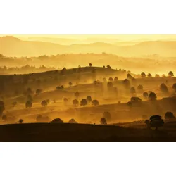 Fototapete PAPERMOON "BERGE-LANDSCHAFT DORF WIESE NEBEL GEBIRGE SONNE WALD", bunt, B:4,00m L:2,60m, Vlies, Tapeten