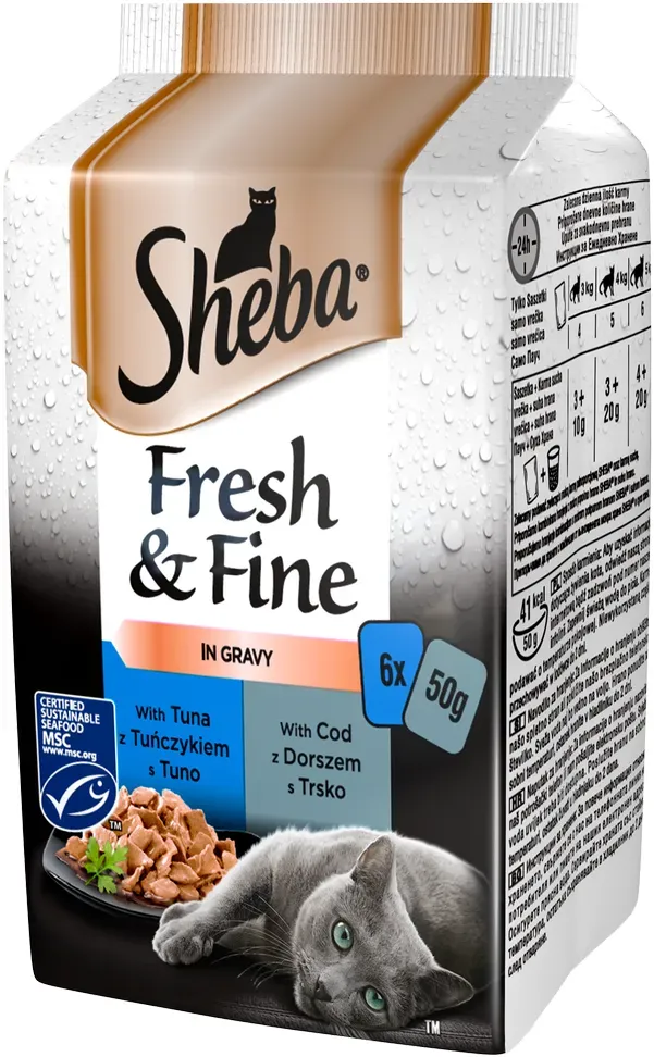 SHEBA Beutel 6x50g Fresh&Fine - feuchtes Katzenfutter in Sauce (mit Lachs, Thunfisch, Kabeljau) (Rabatt für Stammkunden 3%)