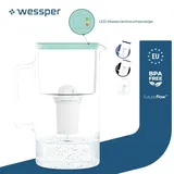 Wessper D2 Borosilikatglas-Filterkanne FutureFlow 3 l | Wessper Wasserfilterkanne 3 l Wasserfiltersystem Mint | 1x Wasserfilterkartusche - Weiß/Grün