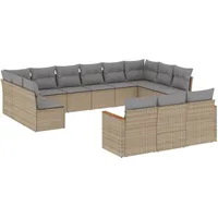 Garten-Sofagarnitur, 13-teilig, modular, PE-Rattan & pulverbeschichteter Stahl, UV-beständig, Beige/Hellgrau, mit waschbaren Polyester-Kissenbezügen - Beige