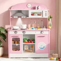 Vevor Spielküche für Kinder, Kinderküche aus Holz mit Licht & Sound, Holzküche mit Herd Backofen Spüle Mikrowelle Dunstabzug & Geschirrspüler, Küchenspielzeug mit Kochset für Kinder ab 3 Jahren, Rosa