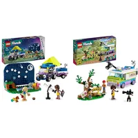 LEGO Friends Sterngucker-Campingfahrzeug Set mit Geländewagen-Auto und Spielzeug-Teleskop & Friends Nachrichtenwagen, Tierrettung Set mit Film- und Reportage-Spielmöglichkeiten