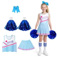 DiULi Cheerleader Kostüm Kinder, Cheerleadering Outfit Mädchen mit Pompoms, Socken, Kopfschmuck, Kinder Cheer Outfit für Karneval Halloween, Fasching Party, Blau, 140cm