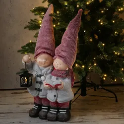 Wichtelkinder Paar - Dekofigur - Mädchen mit Buch - Junge mit Laterne - rote Plü...