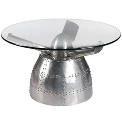 Casa Padrino Luxus Couchtisch Flugzeug Propeller Silber Ø 90 x H. 51 cm - Runder Aluminium Wohnzimmertisch mit Glasplatte - Aluminium Flugzeug Flieger Möbel - Wohnzimmer Möbel - Luxus Möbel