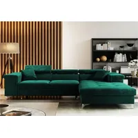 Selsey Wohnlandschaft MIKKARA - moderne Schlafcouch in L-Form / Veloursbezug Dunkelgrün wasserbeständig, Ottomane rechts, freistehend, 280 cm breit Grün
