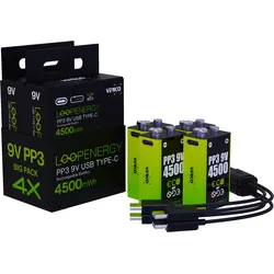 VERICO LoopEnergy 9V Block 4er Pack - PP3, 4500 mWh, Wiederaufladbare USB-C Batterie, Li-Ion, 2 x Ladekabel USB Type A auf 2 x Type C