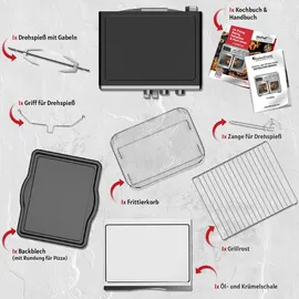 TurboTronic digitaler Heißluftofen - XXL 32 Liter mit Drehspieß 4in1 Mini Backofen & Power Heißluftfritteuse Airfryer schwarz