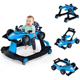 COSTWAY 4 in 1 Lauflernhilfe, Lauflernwagen klappbar mit einstellbarer Höhe & Geschwindigkeit, Baby Walker Autoförmig mit Musikbox, Licht & Rädern, Gehfrei Baby ab 6 Monaten, 12kg Belastbar (Blau)