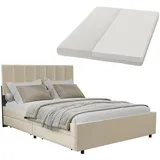 Juskys Samt Polsterbett Soria 140x200 cm mit Matratze, Lattenrost & Schubladen - Bett Beige