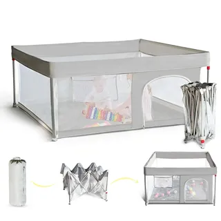 CHOLY 127 * 127 cm faltbarer Baby-Laufstall mit Matte, Laufstall für Babys und Kleinkinder, tragbarer Spielplatz mit Ozeanbällen, schnell aufbaubarer Kinderzaun mit Reisetasche (grau, 127 * 127 cm)