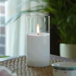 LED Kerze im Glas - Windlicht - Echtwachs - flackernde 3D Flamme - Timer - H: 15...