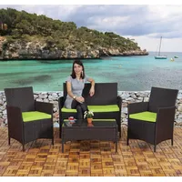 2-1-1 Poly-Rattan Garten-Garnitur Halden, Sitzgruppe Lounge-Set Sofa braun-meliert, Kissen grün - Braun