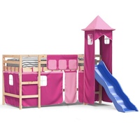 DOTMALL Kinderbett Hochbett Spielbett mit Rutsche und Vorhang,90x200 cm Massivholz Kiefer rosa