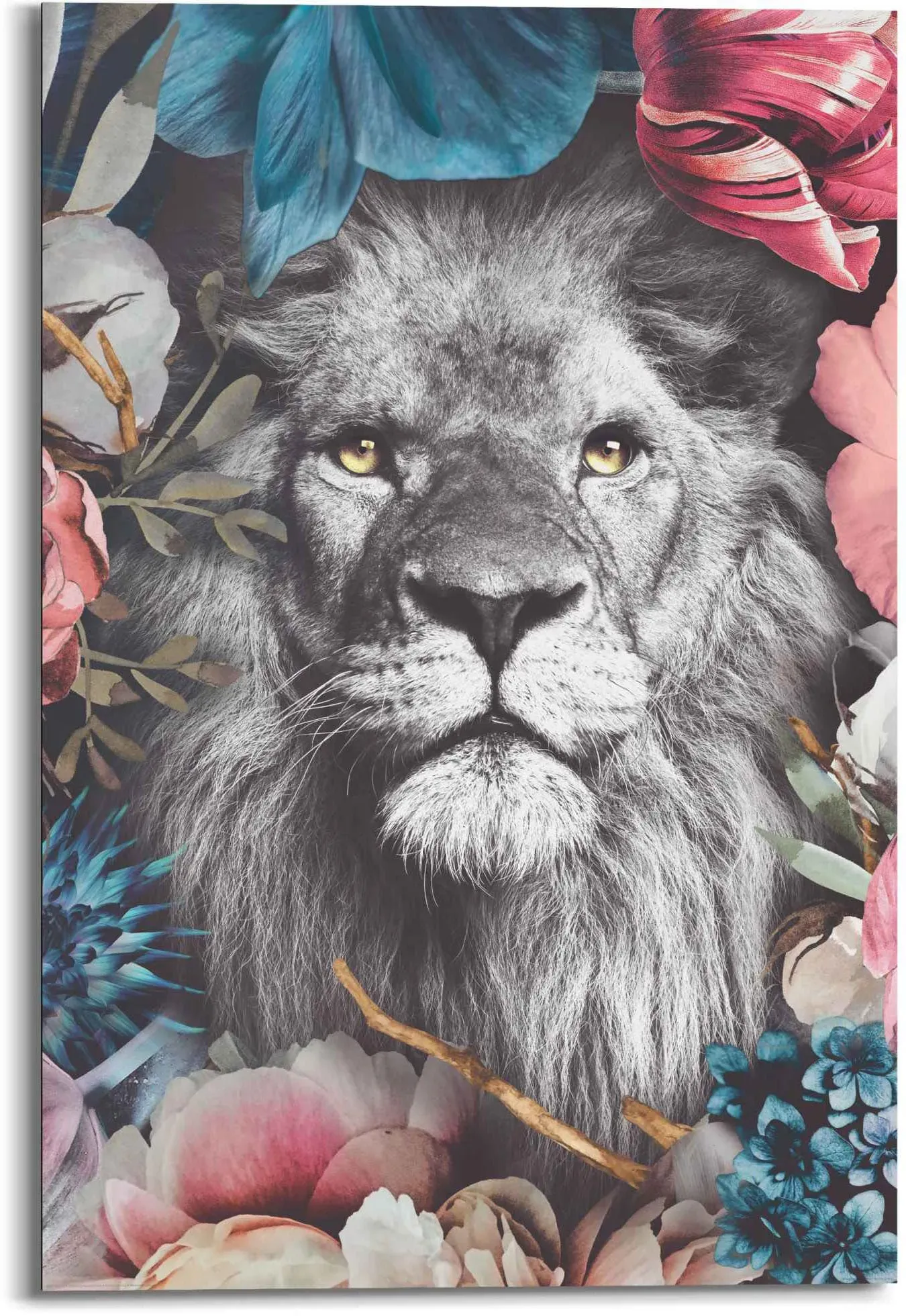 Wandbild REINDERS "Wandbild Löwe Blumenkranz - Pflanzen - Farbenfroh", bunt (farbe bild(er): mehrfarbig), B:60cm H:90cm, MDF, Bilder