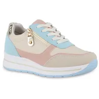 Stiefelparadies Damen Sneaker Wedges in Beige Rosa Gold Metallic